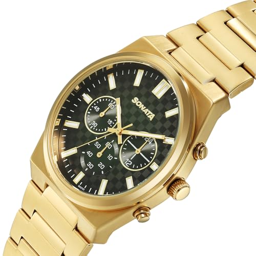 Image of Sonata Festive 2.0 Quartz Green Round Dial Men's Watch | Stainless Steel Strap Material | Watches for Men Analog - 77201YM01