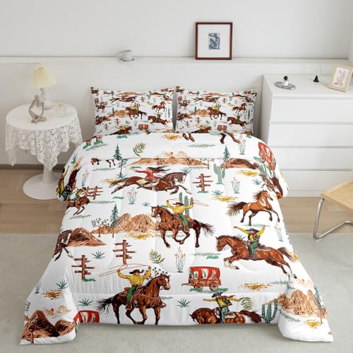 Feelyou Western Decor Comforter Toddler Size Wild Western Cowboy Cowgirl Comforter Set for Boys Girls Children Horse Desert Rodeo Cowboy Style Bedding Set Room Decor Brown Duvet Set 2Pcs