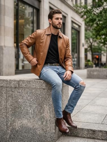 Image of Vintage Leather Jacket Men - Real Lambskin Turndown Collar Mens Leather Jacket