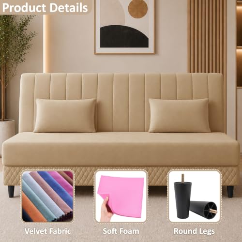 Image of Rosebell Modern 3 Seater Velvet Sofa Cum Bed with Cushion | Premium Upholstered Fabric | Tufted Backrest | Wooden Legs | Living Room Furniture | Golden