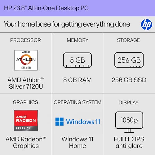 Image of HP 23.8 inch All-in-One Desktop PC, FHD Display, AMD Athlon Silver 7120U, 8 GB RAM, 256 GB SSD, AMD Radeon Graphics, Windows 11 Home, Shell White, 24- cr0410 (2025)