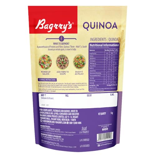Image of Bagrry's Quinoa 1kg | Gluten Free Superfood | High Protein & High Fibre Breakfast Cereal | Rice Substitute | Diabetic-Friendly, Heart-Healthy | No Added Preservatives | Perfect for Weight Management, Healthy Meals and Fitness Diet