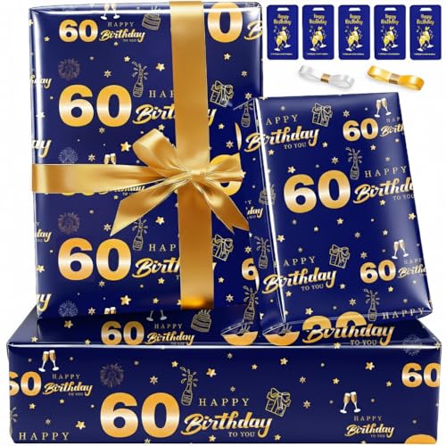 60th Wrapping Paper Birthday Wrapping Paper Set with Tag Ribbon Gift Wrapping Paper for Men Dad Him Happy Birthday Paper Wrapping for Present Wrap Luxury Gift Wrap for Birthday Gifts Blue Gold