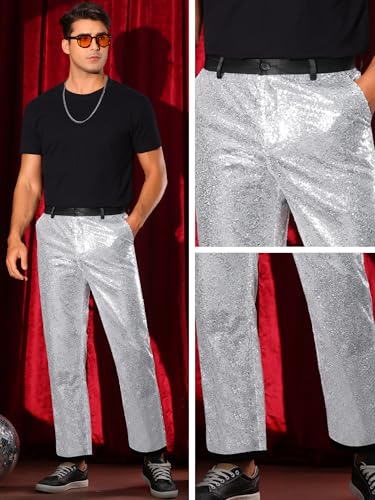 Lars Amadeus Sequin Dress Pants for Men's Straight Leg Button Down Party Metallic Shiny Suit Trouser4