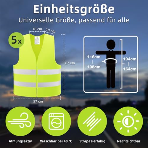 Brovamo Warnwesten Auto 5er-Europaweit gültig nach EN ISO 20471-Warnweste Auto-Warnweste alle Größen-Warnweste Kinder-Warnweste Auto-Sicherheitsweste