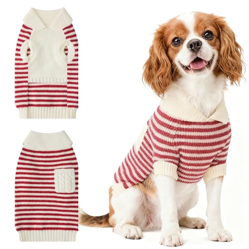 Image of Small Dog Sweater, Knitted Striped Pullover Dog Clothes for Cold Weather, Thick Warm Cozy Stretchy Sweater for Chihuahua, Bulldog, Dachshund, Pug(Red & White Strip, XXL)