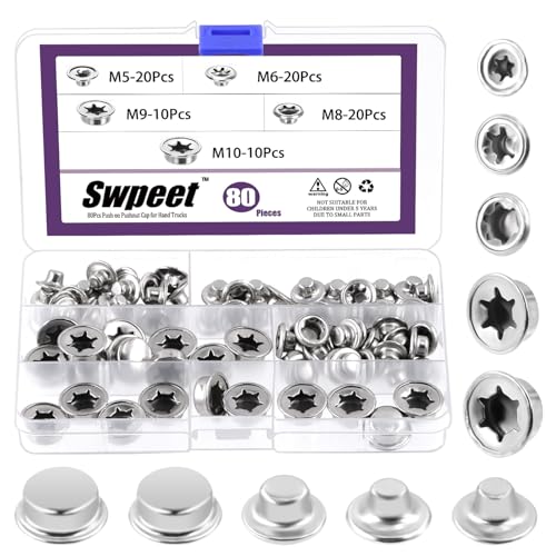 Swpeet 80Pcs M5 M6 M8 M9 M10 Spring Steel Push on Pushnut Cap Stud Kit, Axle Cap Nut with Zinc Mech Finish Axle Pushnut Fastener Permanent Washer Caps for Rolling Bins, Lawn Wagons and Hand Trucks