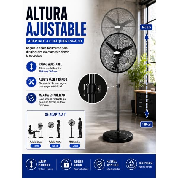 Bilake Ventilador de Pie Industrial Tormenta Metal | Altura Regulable 155-185cm | Motor AC 3 Velocidades | Oscilante y Fijo | Cabezal Orientable | Talleres y Naves (280W | 81Ø cm)