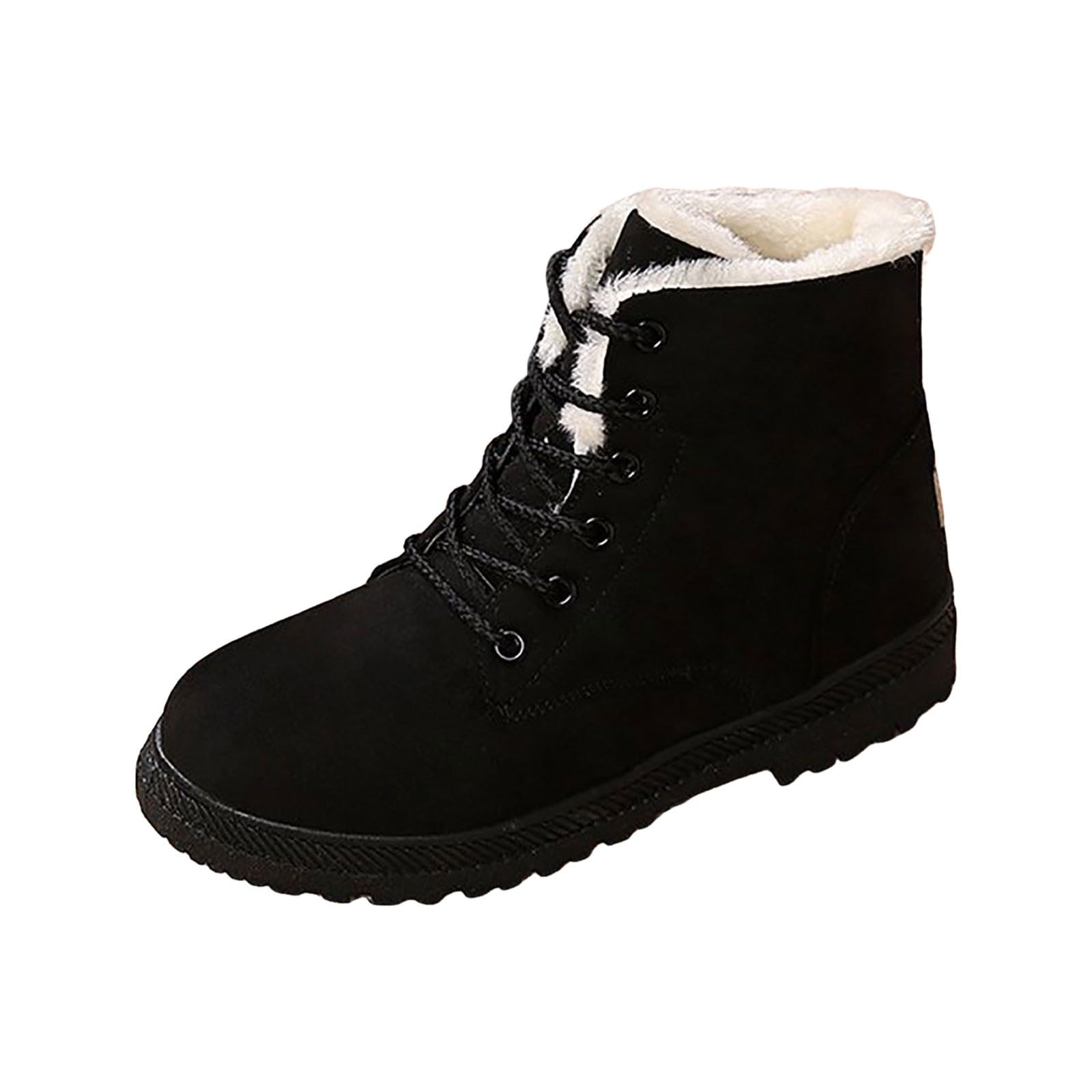 ZSpzx Women Winter Combat Ankle Boots Suede Lace up Warm Thick Furry Lining Round Toe Chunky Heels Short