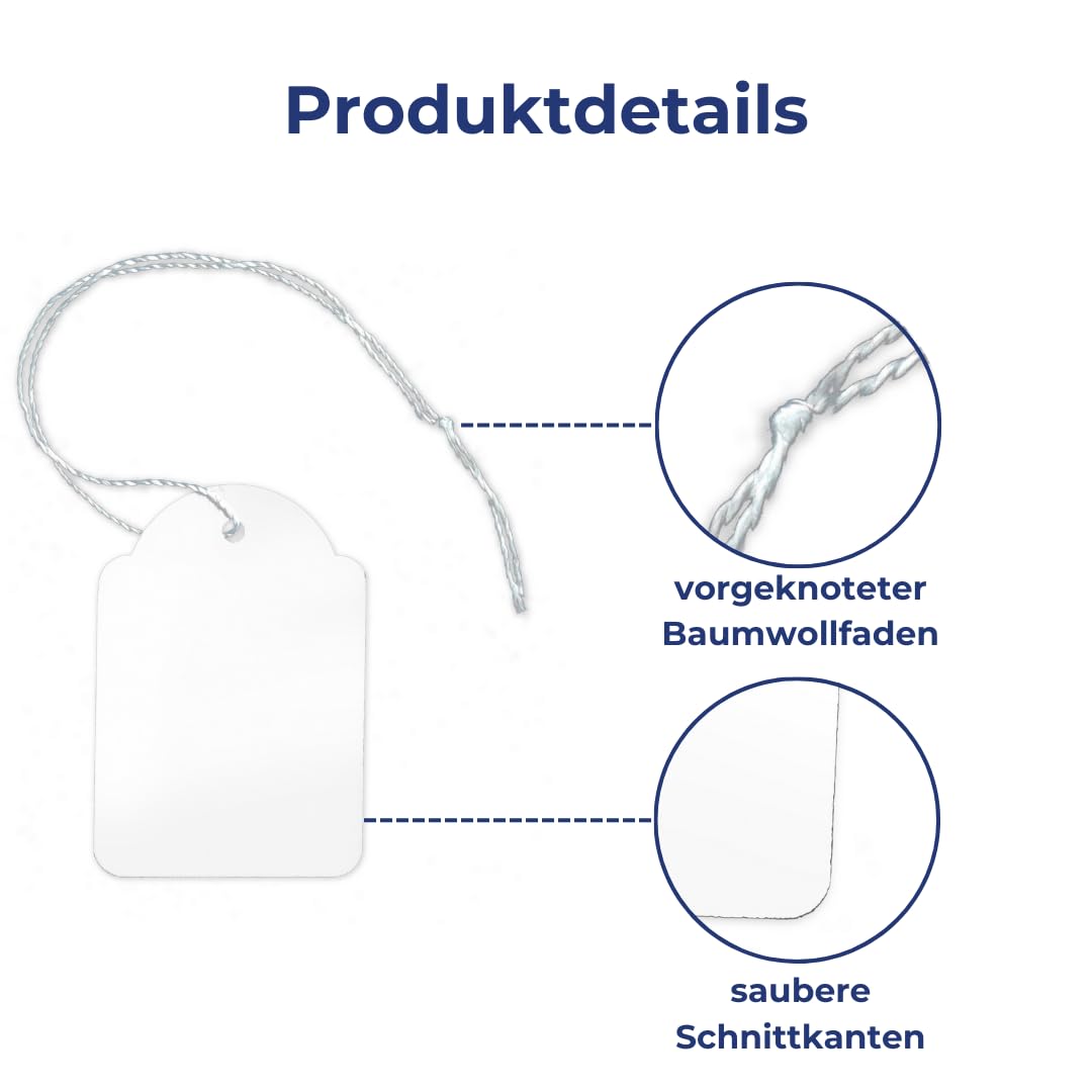 POKORNYS - 1.000 blanko Preisetiketten mit Faden (50 x 70 mm) weiß I Etiketten zum Beschriften I Preisschilder aus Karton mit Baumwollfaden I Anhänger, Hängeetikett, Geschenkanhänger für Kleidung uvm.