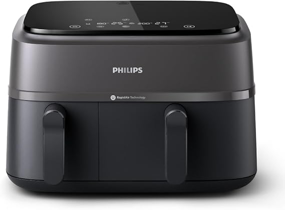 Philips Dual Basket Air Fryer - Cottura sana, veloce e versatile, Friggitrice ad aria con Doppio Cestello da 9L, Touchscreen, design a 2 cestelli con doppia resistenza e termostasti separati(NA350/00)