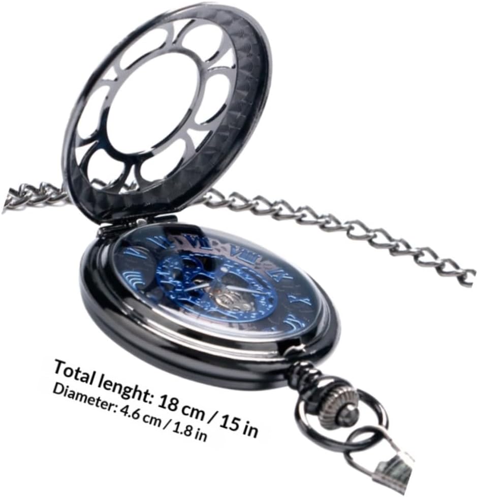 Uonlytech Mechanical Retro Pocket Watch with Roman Numerals Black Alloy Skeleton Chain Pocket Watch for Men Suitable for Daily Wear