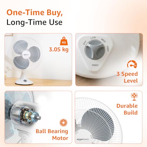 Image of amazon basics 16-Inch Table Fan | Tilting Head | 1400 RPM | Silent Operation | 400mm Sweep Length (Grey)