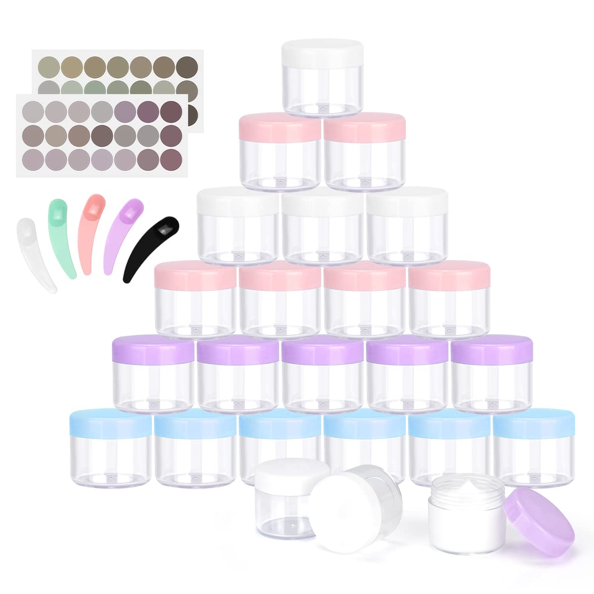 24 doniczki na próbki, podróżne słoiki kosmetyczne 20 ml z pokrywkami dla kobiet | Plastikowe doniczki podróżne do cieni do powiek, pudru, balsamu i kremów, wielokolorowe