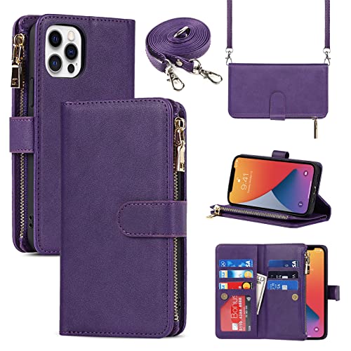 Jaorty for iPhone 12 Pro Phone Case Wallet for Women Men with Card Holder,for iPhone 12 Crossbody Case with Strap Shoulder Lanyard, Zipper Pocket PU Leather Cases for iPhone 12 Pro,6.1 Inch Purple