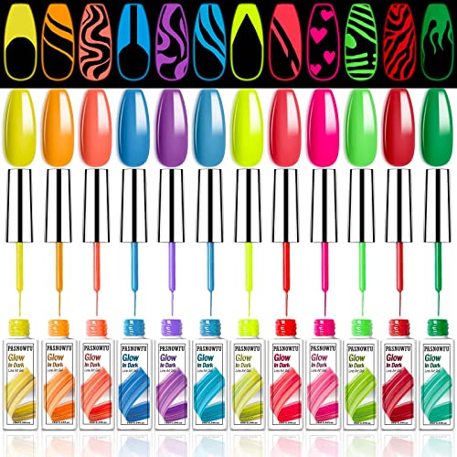 PASNOWFU Painted Gel Nail Polish Set, 12 Colors Line Nail Polish Gel, Luminous Line Art Gel, Upgraded Matrix Gel with Brush, Neon Fluorescent Nail Polish, Line Pulling Gel Drawing Nail Art Salon