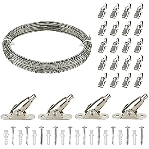 Vorhang Seilspanngarnitur Gardinen 10M Edelstahl Drahtseil Seilspannset mit 4 Eck-Halter für Decke oder Wand,Gardinendraht,Vorhangseil,Gardinenseil, Vorhangdraht Cover