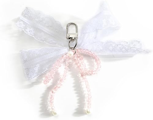 SHTALHST Beads Bow Keychain for Women Elegant Lace Keycharm with Heart Charm Del