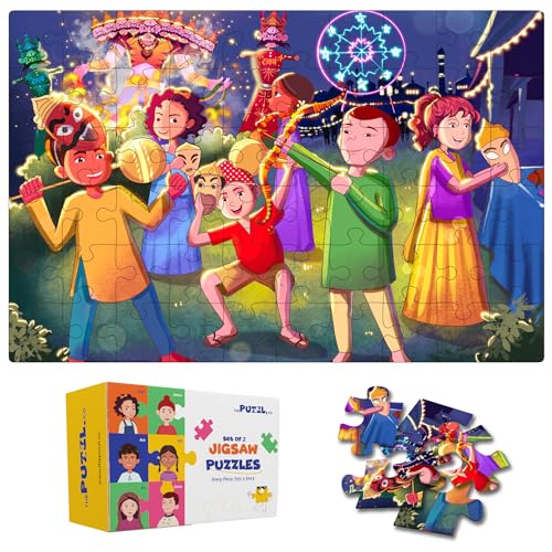 Image of Set of 2 Festive Theme Jigsaw Puzzles for Kids Age 5-8 Years | 60 Pcs Each | Dussehra & Eid-Al-Adha | Activity Sheets Included | Educational Learning Toys & Gifts