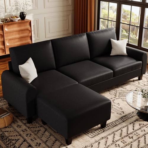 EASE MOOSE Large Seat Faux Leather L Shaped Sofa, Waterproof and Scratch-Resistant 4 Seat Sofa with Ottoman, Comfy Sectional Modular Couches for Living Room and Small Place, Black