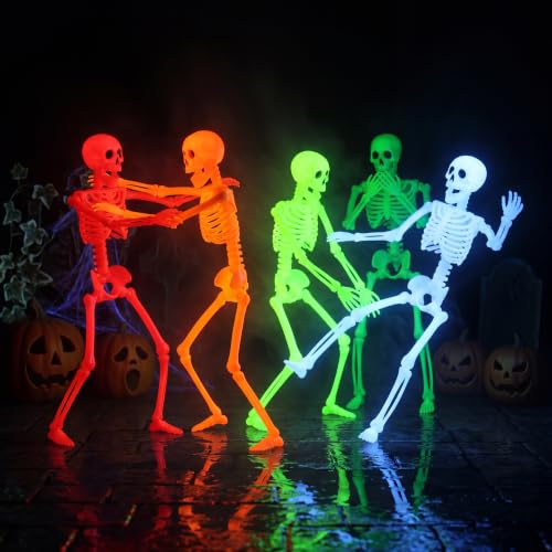 Image of JOYIN 5 PCS 16 inch Blacklight Reactive Halloween Skeleton, Small Skeleton Decor, Full Body Posable Joint Hanging Skeleton for Halloween Decoration, Graveyard Prop, Haunted House, Spooky Scene Party Favor