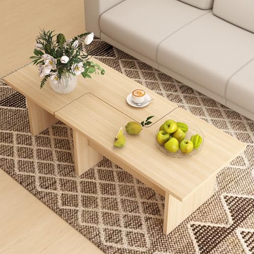 GOFLAME L Shaped Coffee Table Set of 2, Minimalist Wood Modular Center Table with Storage, Farmhouse Rustic Rectangular Accent Tea Tables for Living Room, Apartment, Lounge, Small Space (Oak)