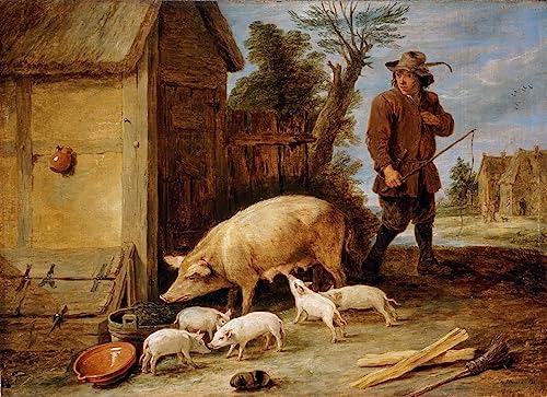 Lienzo decorativo premium de una cerda y su camada, pintura clásica de 60x90cm para pared