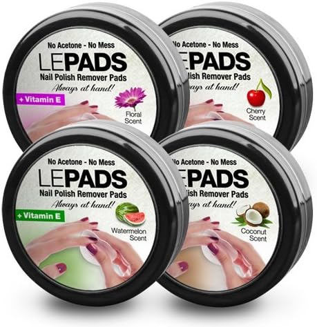 LEPADS Nail Polish Remover Pre-moist Pads"ACETONE FREE"- 4 Fragrances - 128 Pre-Moist Pads - NEW 4"For The Price" of 3 PACK