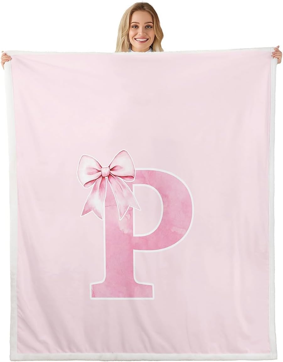 Erosebridal Initial P Blanket Twin 60x80,Coquette Trendy Pink Bow Plush Blanket,Monogrammed Gifts Fleece Blankets for Women Teen Girls,Letter Bowknot Bedroom Room Decor,Lightweight(P)