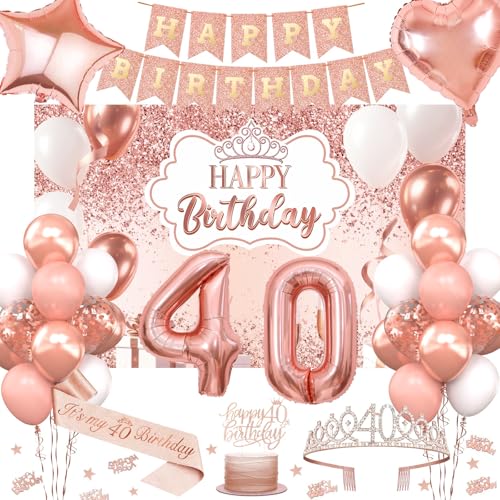 40th Birthday Decorations for Women, 52pcs Sweet Rose Gold Happy 40 Birthday Decorations Including 40th Rose Gold Crown, Sash, Banner, Background for 40 Party Decorations Set