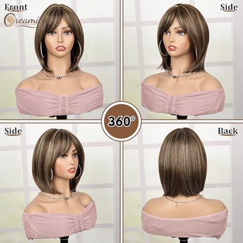Image of Creamily Wig for Women Full Head, Short Hair Wig Brown Mix Blonde,Straight Girls Hair Wig Full Head Highlights,Natural Wigs with Bangs for Cosplay Daily Use