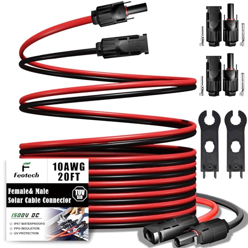 Feotech Twin Wire 20FT Solar Extension Cable - 10AWG (6mm²) Solar Panel Connector, with IP67-Male/Female Solar connectors for Outdoor Automotive RV Boat Marine Solar Panel- Black & Red