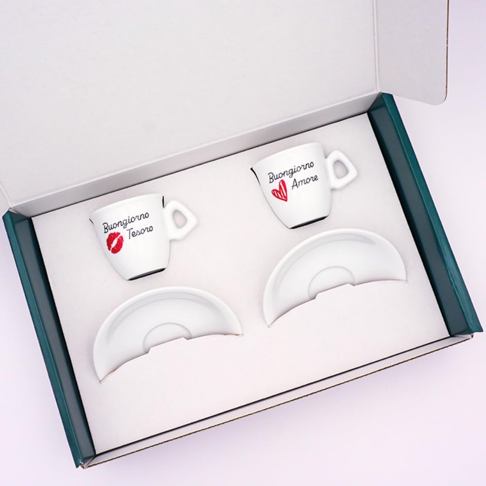 BrandPrint Set 2 Tazzine Caffè con Piattino - Serigrafia Artigianale BUONGIORNO AMORE, BUONGIORNO TESORO in Box Elegante - 100% Made in Italy - Regalo Coppia San Valentino, Anniversario, Matrimonio