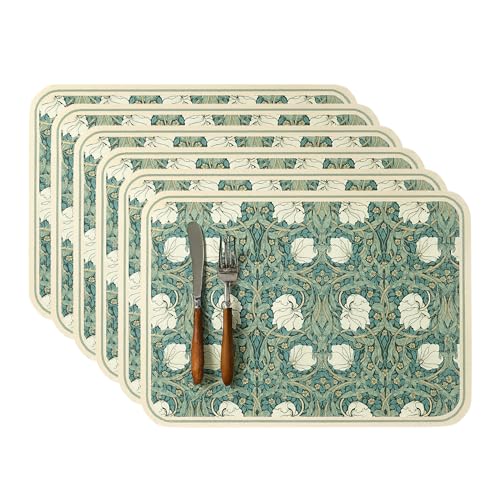 Image of Premium Faux Leather Placemats Ornate Teal | Floral Pattern | Waterproof, Heat Resistant, Washable Dining Table Mats (Pack of 6)