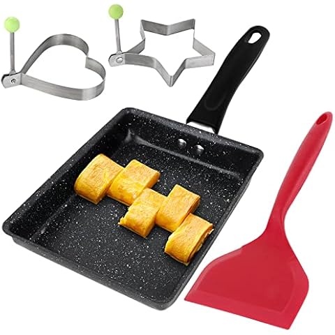 Japanische Omelettpfanne, rechteckige Mini-Eierpfanne mit breitem Silikonspatel und 2 Spiegeleiringen, antihaftbeschichteter Tamagoyaki-Brattopf, Heimküche, Kochutensilien für Induktionsherd, Gasherd Cover