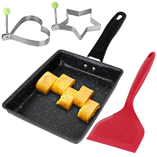 Poêle omelette japonaise, mini poêle à œufs rectangulaires avec spatule à grande en silicone et 2 anneaux d'oeufs au plat, tamagoyaki frit