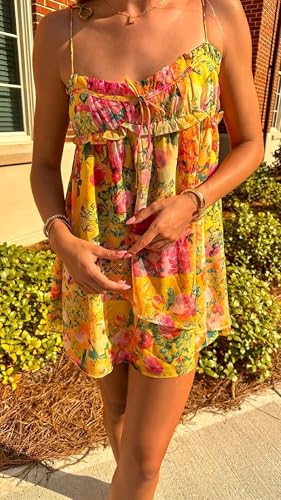 Image of ROAONOCOMO Women Boho Graffiti Cami Mini Dress Spaghetti Strap Printed A Line Short Dress Cute Colorful Sundress