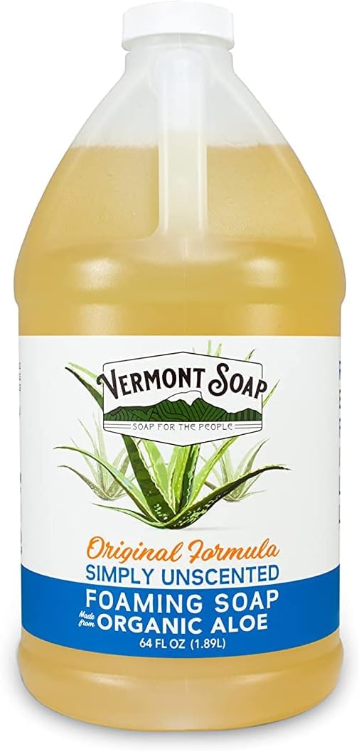 VERMONT SOAP Organic Unscented Foaming Hand Soap - Natural Moisturizing Soap for Dry Skin - Fragrance Free Liquid Bathroom Hand Soap - Simply Unscented - 64 oz