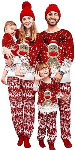 Manooby Family Christmas Pajamas Matching Sets,Couple Reindeer Xmas PJs Set,Man Woman Children Baby Holiday Sleepwear Sets