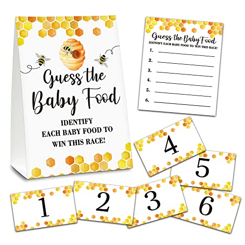 Mommy To Bee Baby Shower Game Set, Guess the Baby Food, 1 Standing Sign With 25 Answer Cards & 6 Number Cards, Honeycomb Bumble Bee Baby Shower Decor, Baby Gender Reveal Party Game(5″x7″) – food-C01