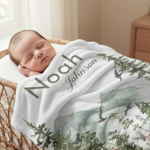 Image of Personalized Woodland Baby Blanket with Name, Custom Name Blanket for Boy, Printed in USA, Super Soft Blankets for Newborn, Customized Gifts for Baby Shower Birthday Christmas