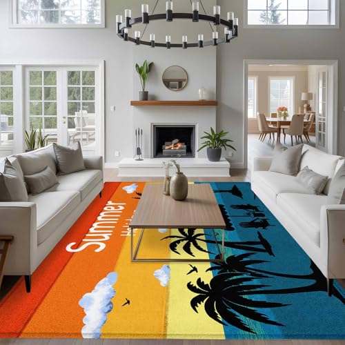 Rectangle Area Rug 6x9ft, Summer Watercolor Seaside Palm Trees Seagull