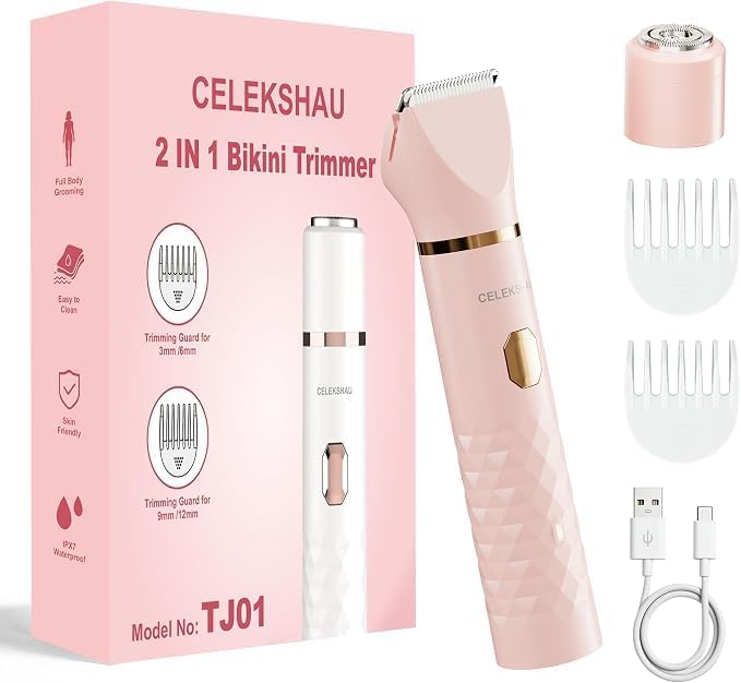 Aparador feminino 2 em 1 para virilha e corpo CELEKSHAU, IPX7, rosa