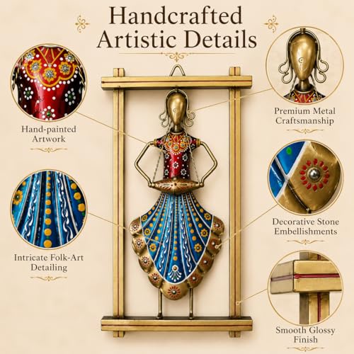 Image of iHandikart Handmade Metal Wall Art| Traditional Rajasthani Lady Wall Hanging Decor | Hand-Painted Iron Wall Sculpture with Stone Work | Home Decor for Living Room & Bedroom Office | 13 x 7 Inch