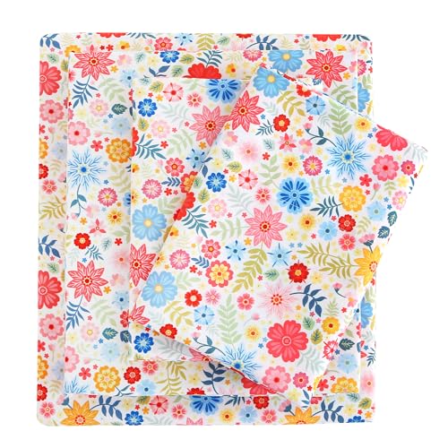 Image of Mooreeke Cozy Floral Microfiber Printed Floral Full Sheet Set - Soft & Breathable Colorful Flower Custers Bed Sheets with Extra Deep Pocket - Non-Slip Fitted Design - Colorful Flower Pattern - Full