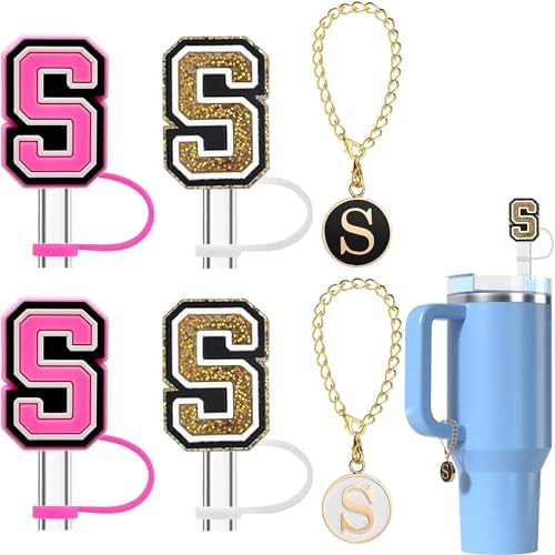 Haundry 4-Pack Straw Cover for Stanley Tumbler, Reusable 10mm Straw Cap Topper with 2 Pcs Initial Letter Charm Accessories for Stanley Cup with Handle, Pink Gold S