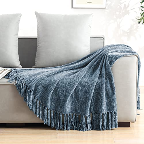 Cozecube Chenille Throw Blanket For Bed, Cozy Soft Throw Blanket With Fringe Tassel, Dusty Blue Throw Blanket For Sofa Chair Gift,Decorative Farmhouse Throw Blanket 60"X80" Oeko-Tex Certified #TOP2
