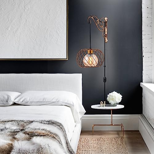 Image of Boho Hanging Lamps Plug in Wall sconces Gold Glass Dimmable,Vintage Hanging Wall Lantern Light Lamp Plug in for Bedroom, Living Room,2PK