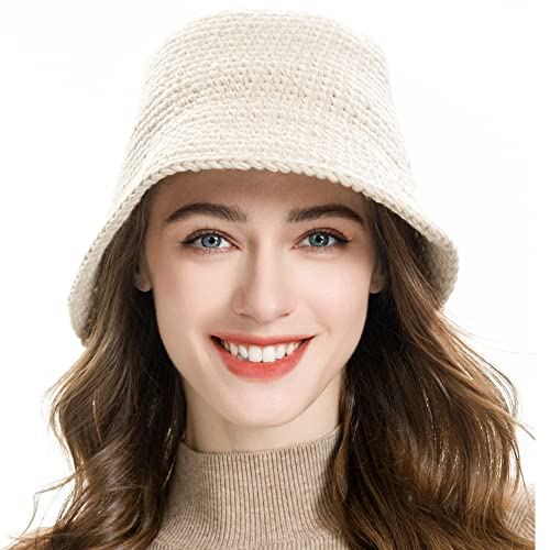 ZLYC Women Winter Bucket Hat Fashion Knit Cloche Hat Solid Color Warm Crochet Cap (Solid Beige)