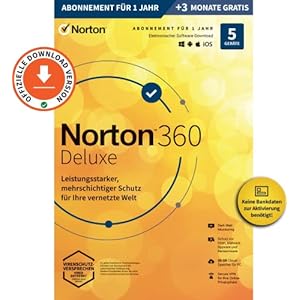 Norton 360 Deluxe 2022 | 5-Geräte 15 Monate | 1 Benutzer | 15 Monate | PC/Mac/Mobile | Aktivierungscode per Email